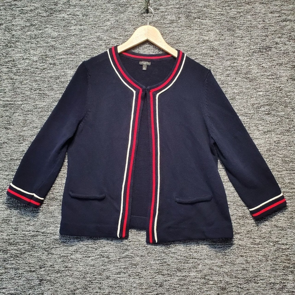 Talbots Womens LP Navy Blue Cotton Open Front Cardigan Sweater Red White Trim